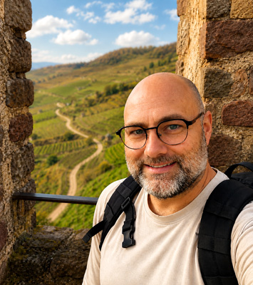 Evan, the dad who built TacTacGo, standing in a stone tower near Annecy