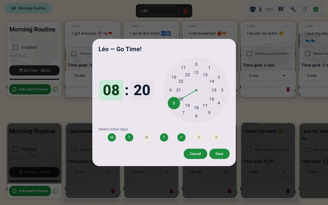 TacTacGo tablet screenshot with settings and the Go Time dialog