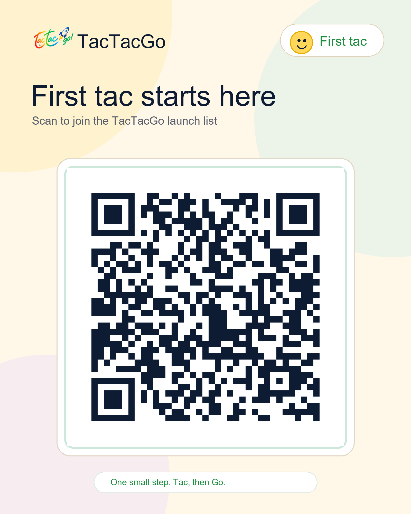 Friendly TacTacGo QR card linking to the launch signup form